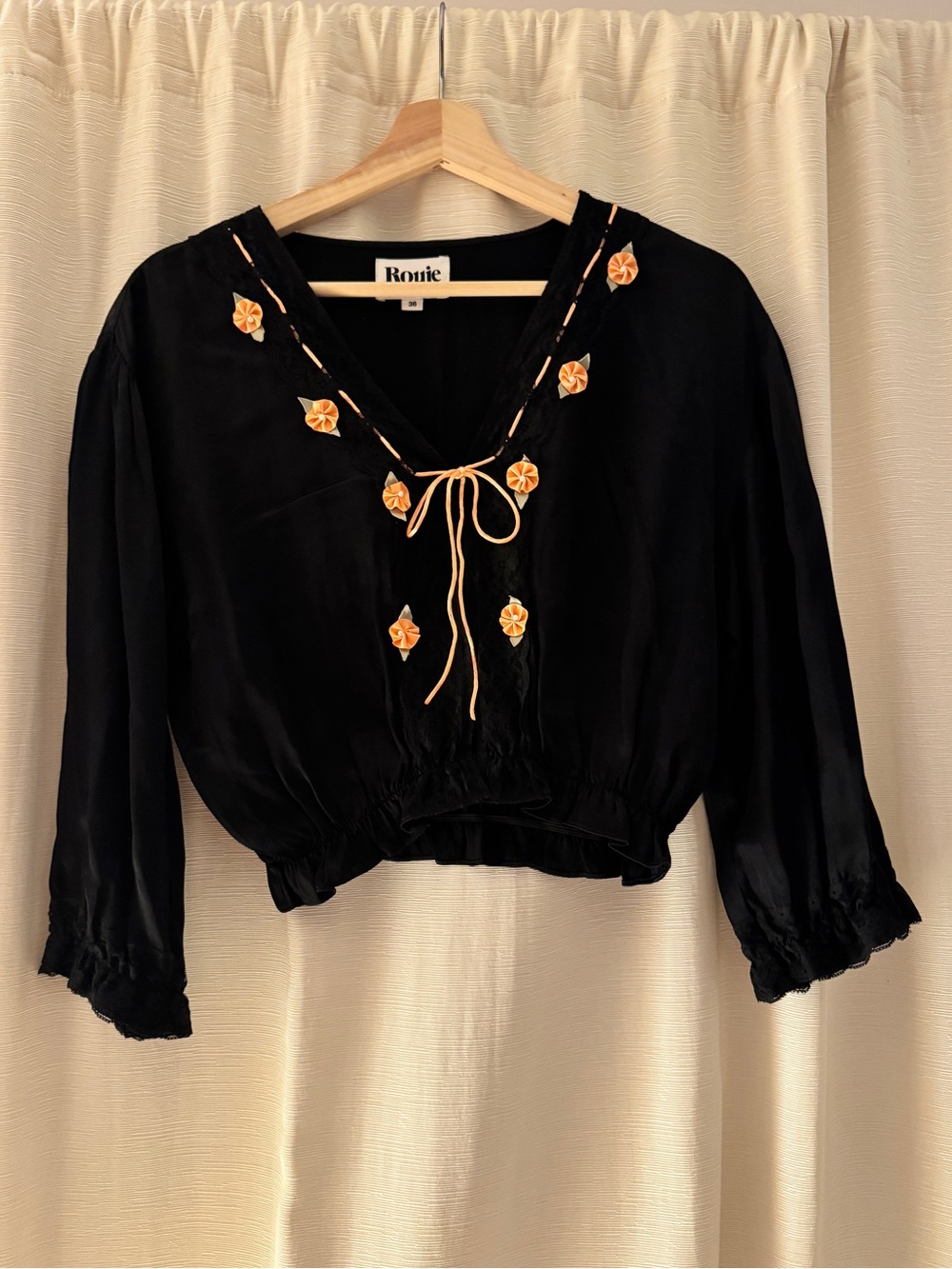 Rouje Suzanna Blouse, Black and Coral Rosette’s, FR 36, US Size 0/2/XS/S